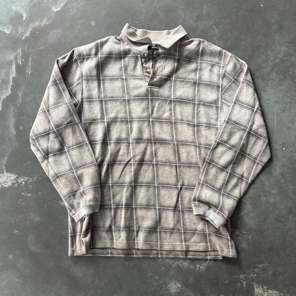 Marc Edwards Mens Plaid Long Sleeve Polo Shirt Brown Grey Size M